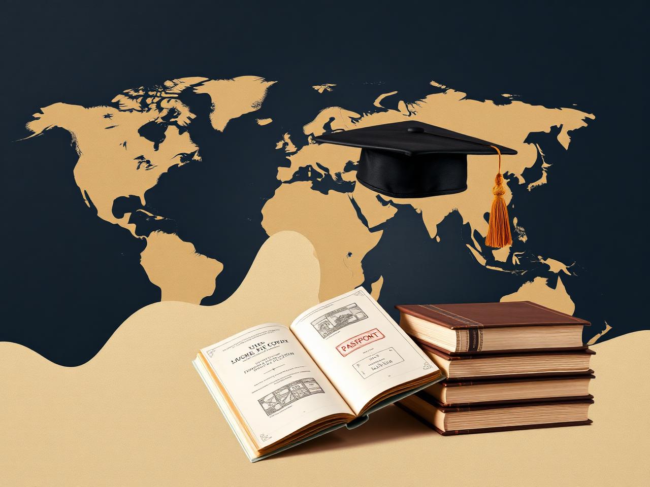 Globe, books, graduation cap and passport — symbols of study abroad